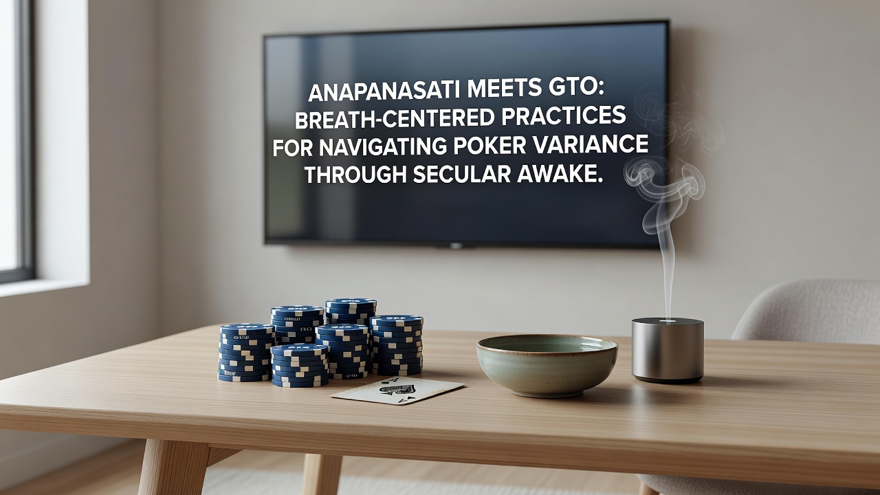 Close-up of hands on poker chips with a meditation timer app visible on a nearby device