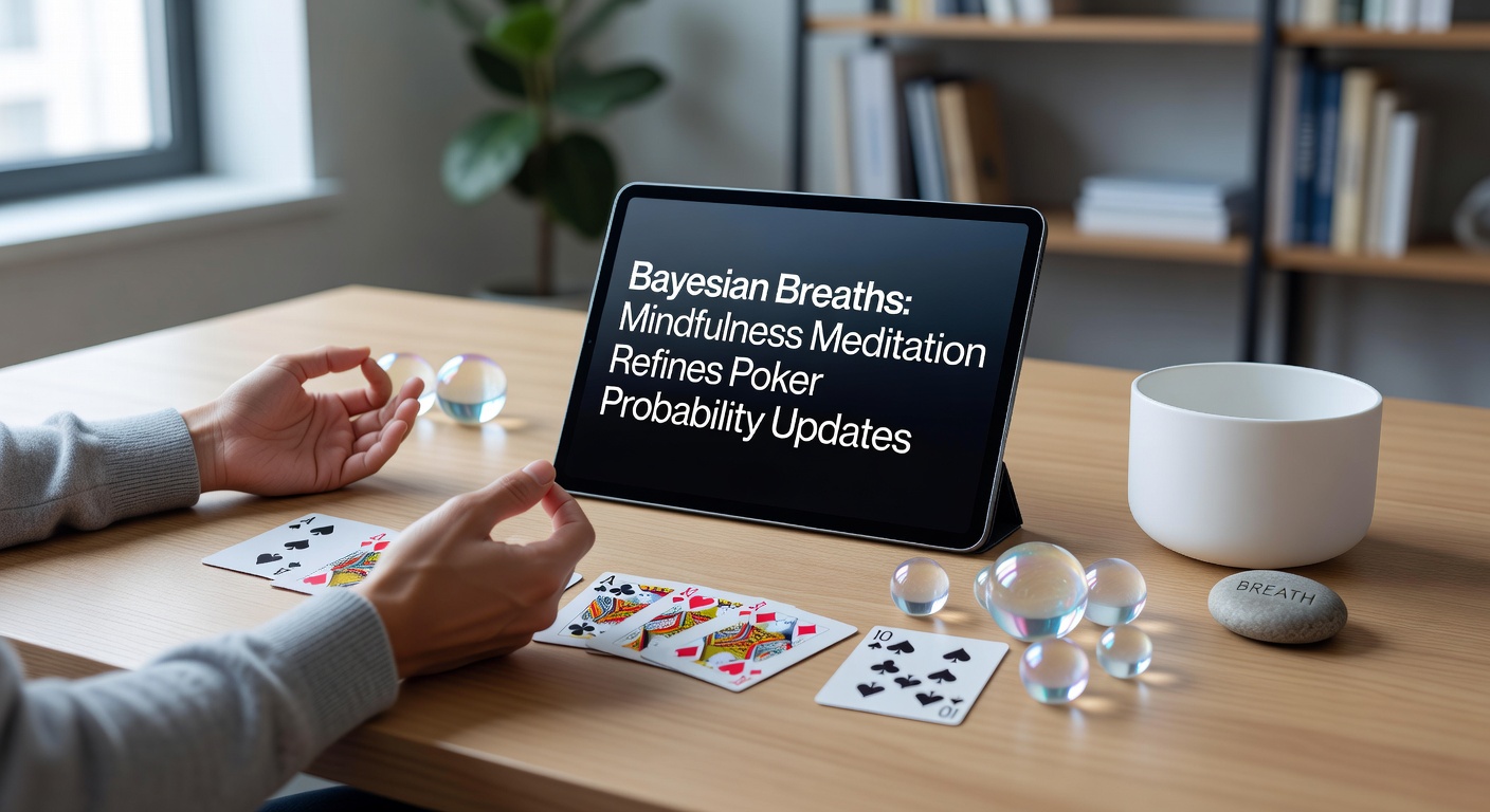 A poker player sits calmly at the table, eyes closed in meditation, with probability charts faintly overlaid in the background, symbolizing focused Bayesian updates amid high-stakes play