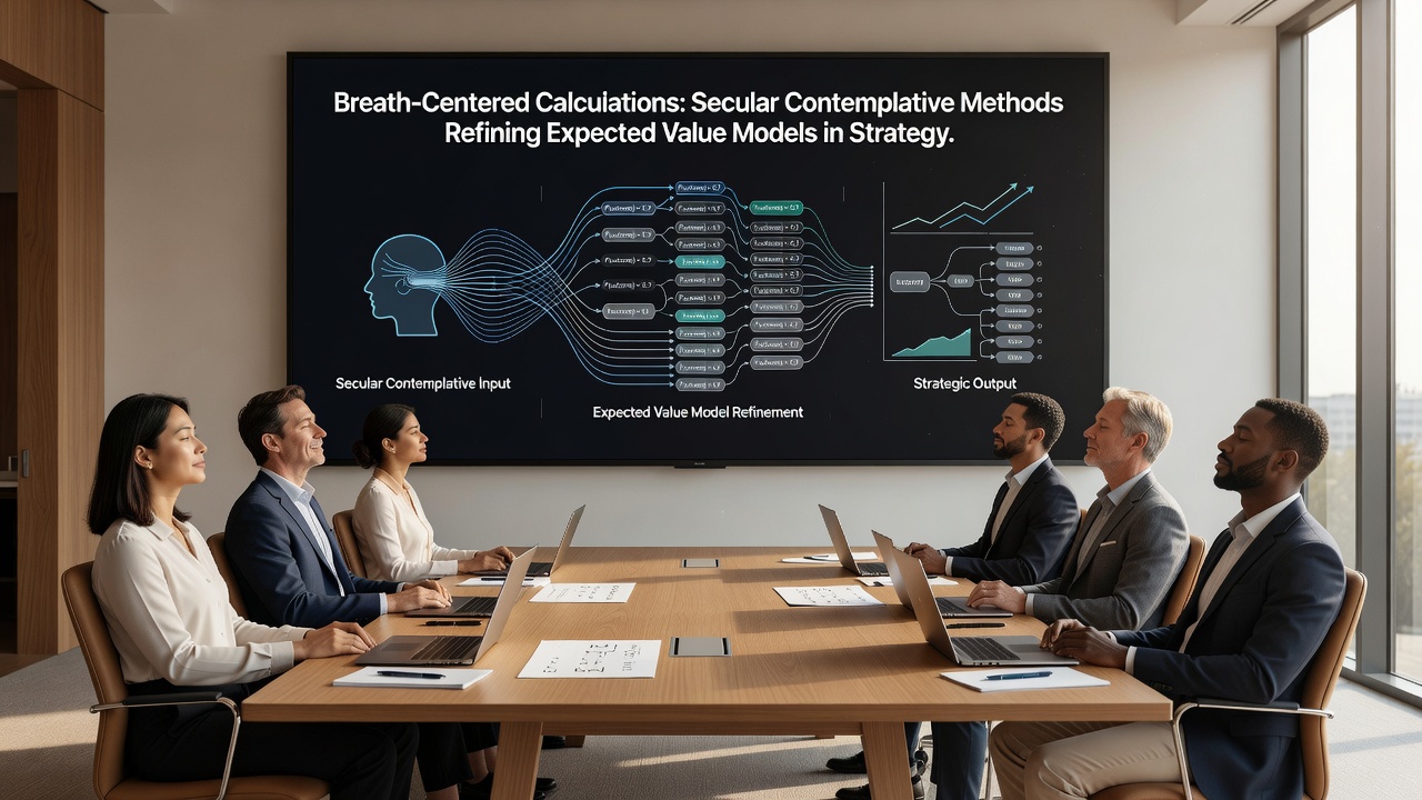 Diagram showing integration of breath awareness techniques with probabilistic modeling during card game decisions