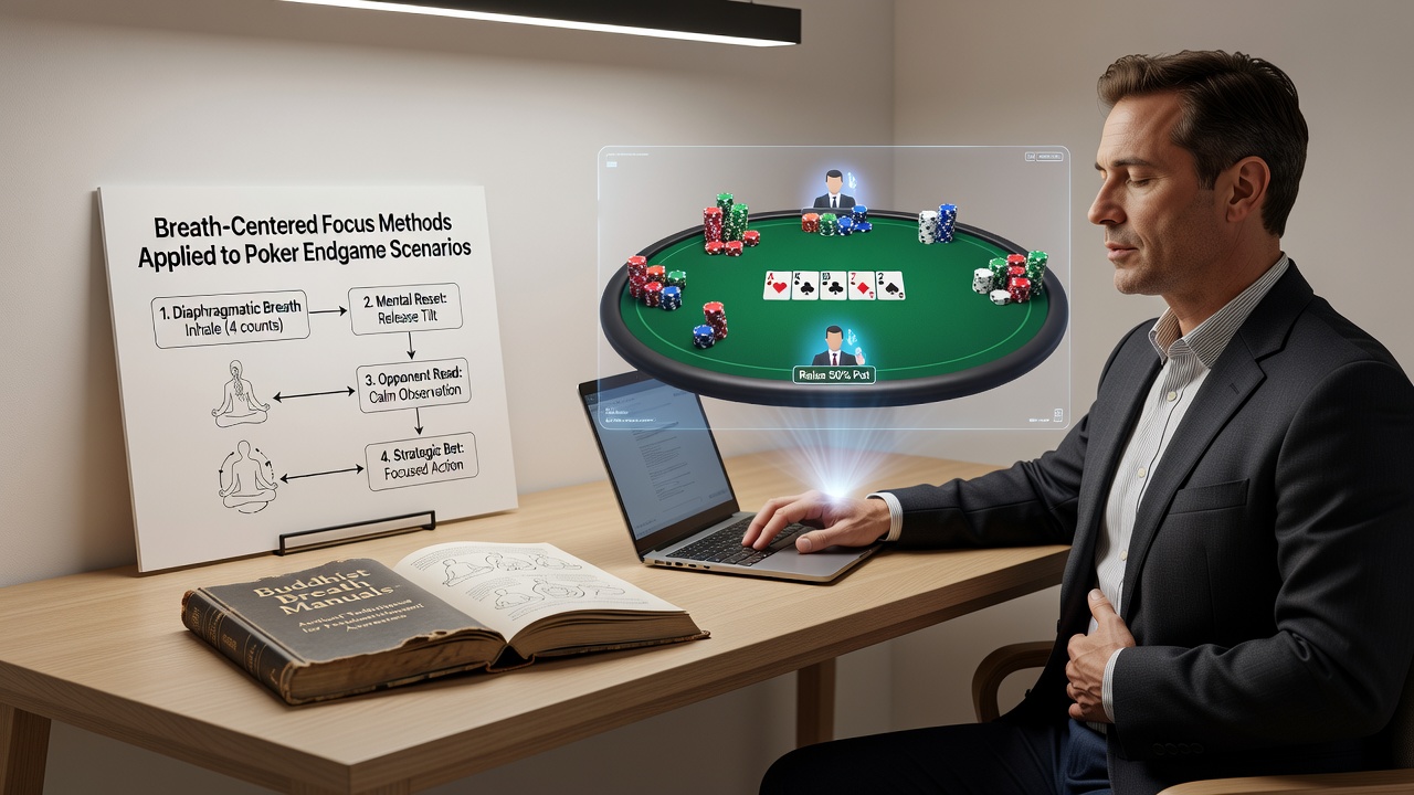Illustration of a focused poker player at a tournament table employing breath awareness techniques