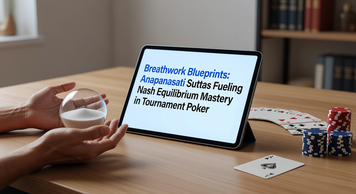 Poker player practicing focused breathwork at a tournament table, embodying Anapanasati principles amid high-stakes action