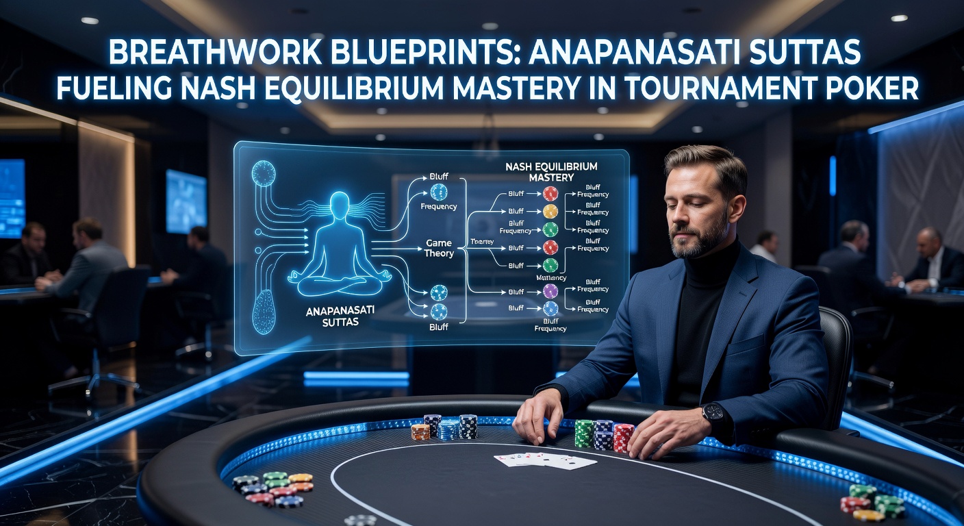 Close-up of breath meditation enhancing poker strategy visualization, linking sutta practices to Nash range charts