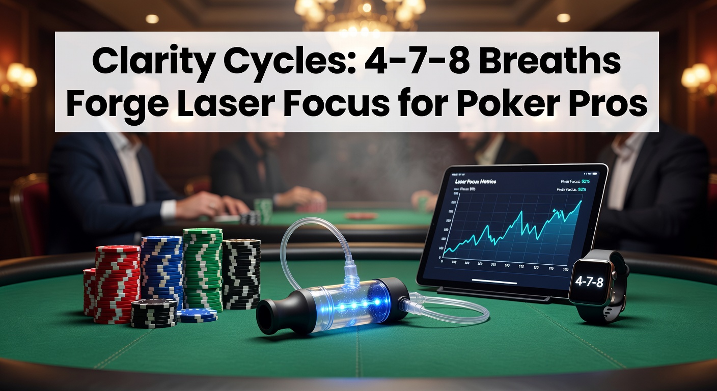 Poker pro practicing 4-7-8 breathing technique during a high-stakes tournament break, eyes closed in deep concentration amid casino lights