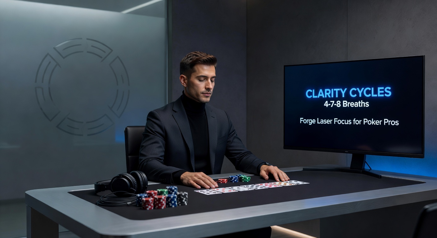 Close-up of a poker player's hands on chips during a tense hand, with subtle breathing rhythm visualized through relaxed posture and steady gaze