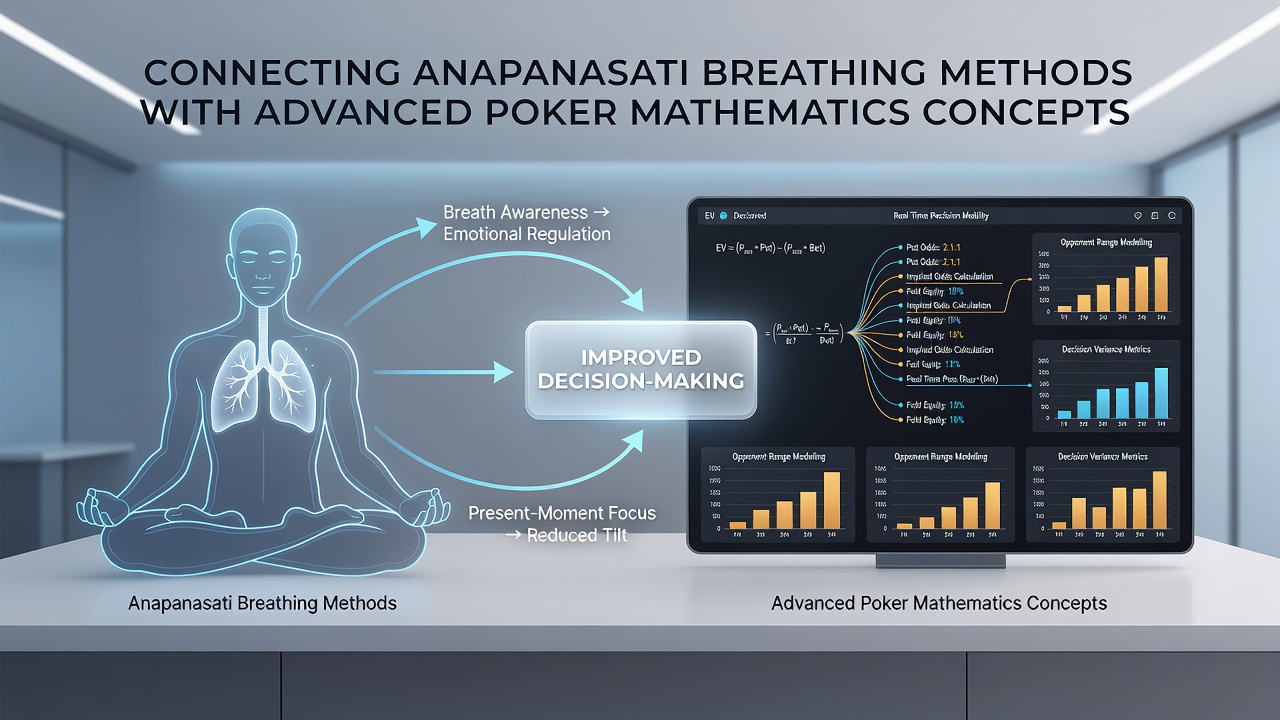Illustration of a player using breath awareness during a high-stakes poker hand with overlay of mathematical notations