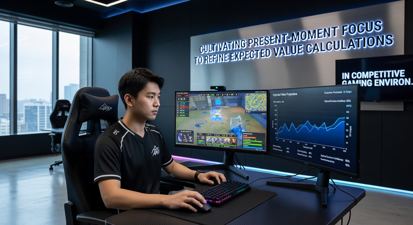 Player reviews match statistics on a monitor while maintaining calm concentration