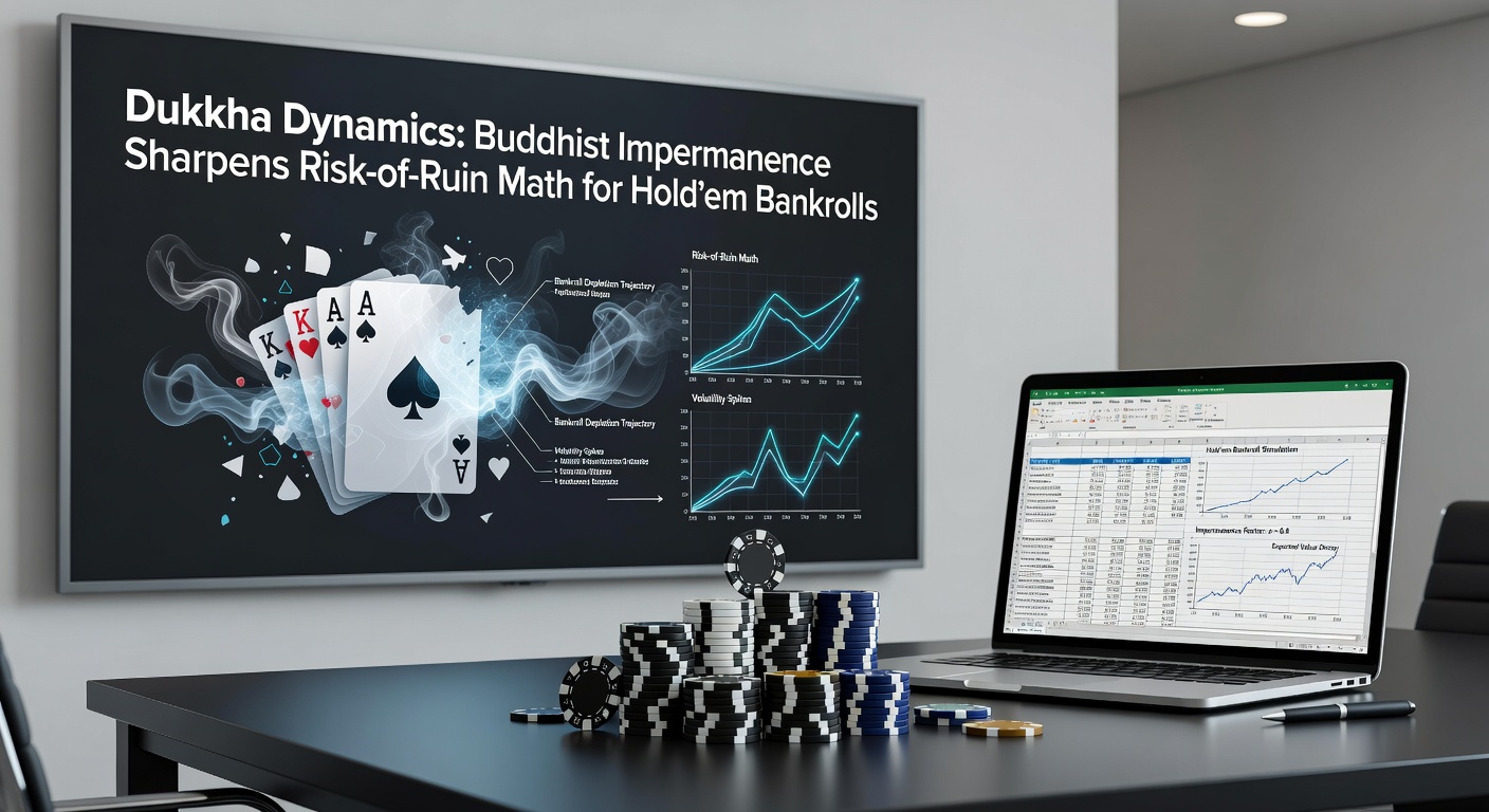 Visual blend of ancient Buddhist wheel of life turning amid stacks of poker chips and Texas Hold'em cards, symbolizing the flux of fortune in high-stakes games