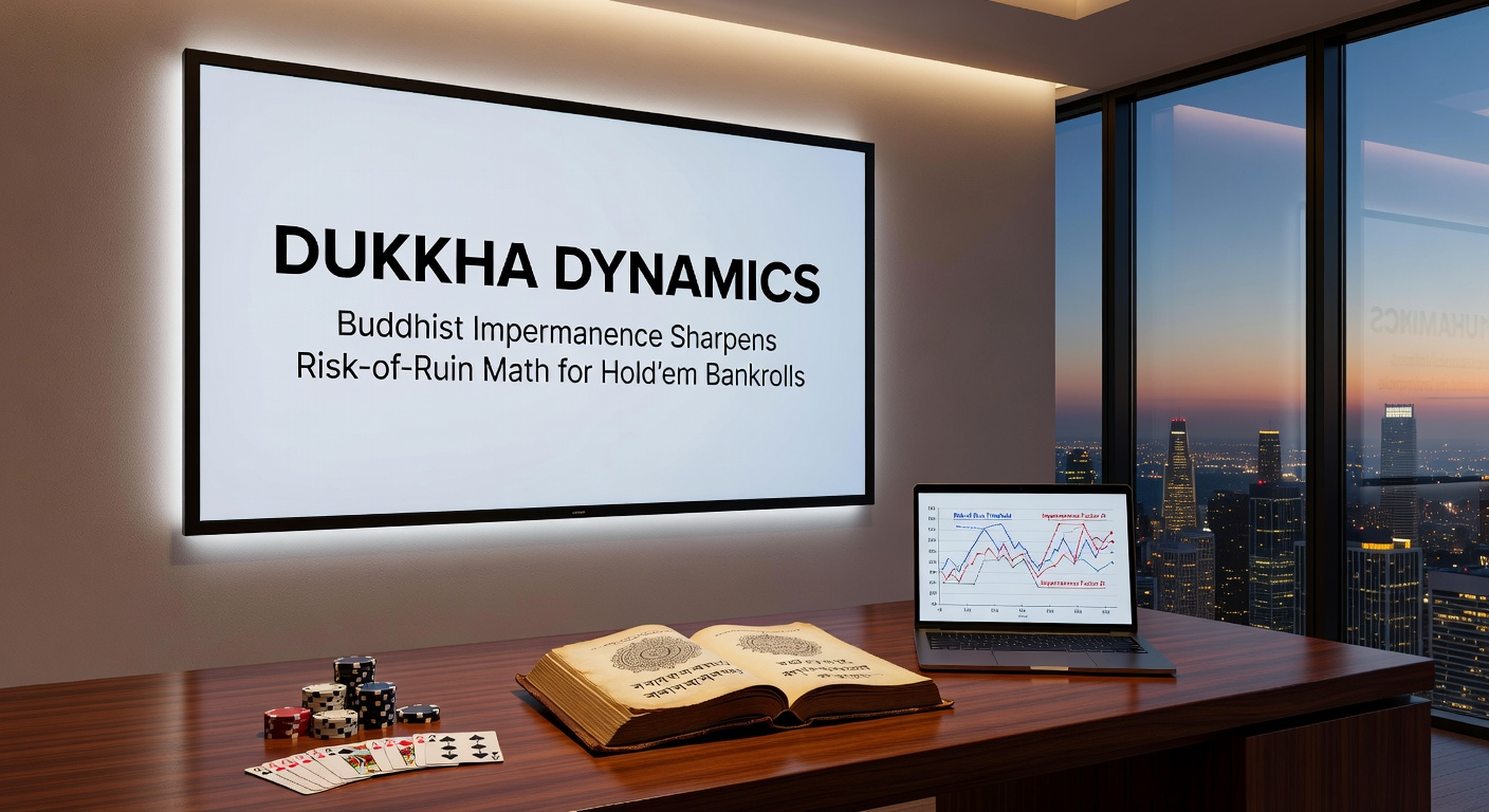 Graph overlay of risk-of-ruin curves intersecting with a mandala pattern, illustrating how impermanence principles curve down the bankruptcy probability line for poker bankrolls