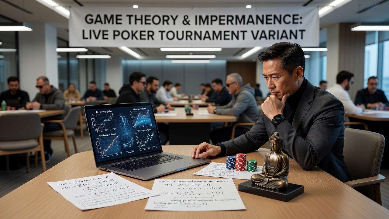 Close-up of poker chips and cards with overlay of abstract impermanence symbols and probability graphs