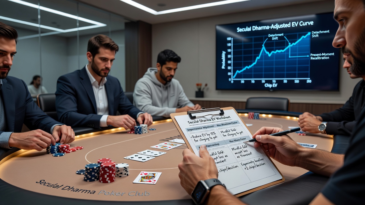 Close-up of poker chips and cards with a player practicing calm breathing between hands