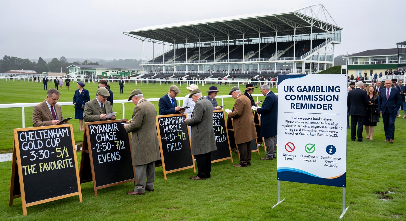 Close-up of bookmaker's pitch at Cheltenham Festival, stacks of cash and bet slips illustrating the intense on-course betting atmosphere under regulatory watch
