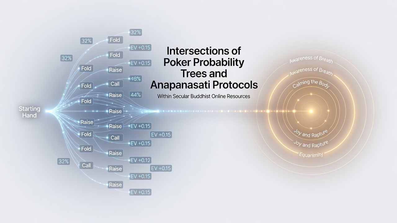Diagram showing poker decision trees overlaid with breathing meditation pathways from secular Buddhist resources