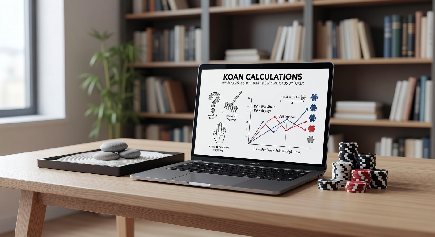 Close-up of a poker solver screen overlaid with Zen calligraphy, illustrating bluff frequency charts intertwined with koan symbols
