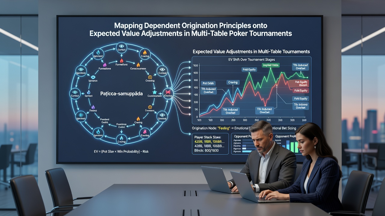 Infographic showing expected value heat map across tournament stages with Buddhist dependent origination nodes connected by arrows