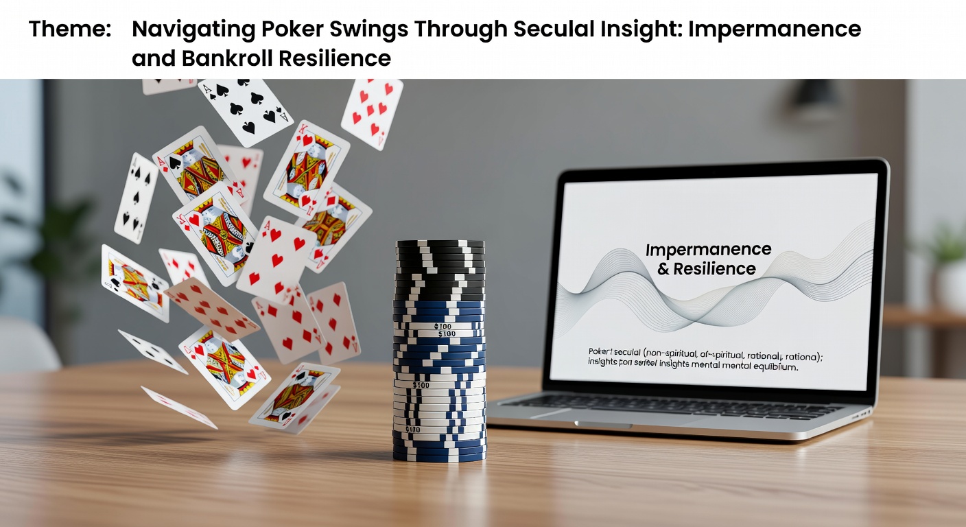 Poker player at table contemplating cards amid fluctuating chip stacks, symbolizing swings and resilience