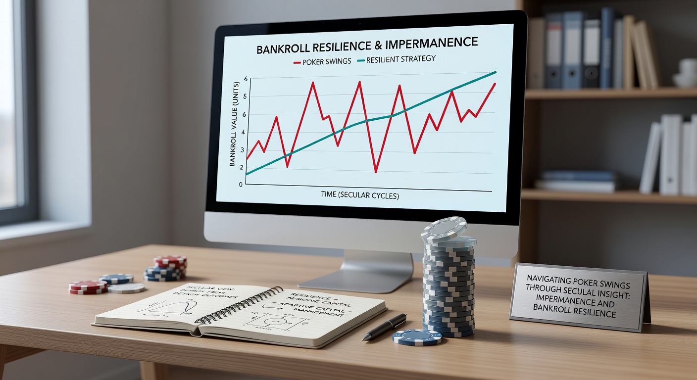Graph of poker bankroll curve with peaks and valleys, overlaid with impermanence symbols like flowing water, illustrating resilience through swings