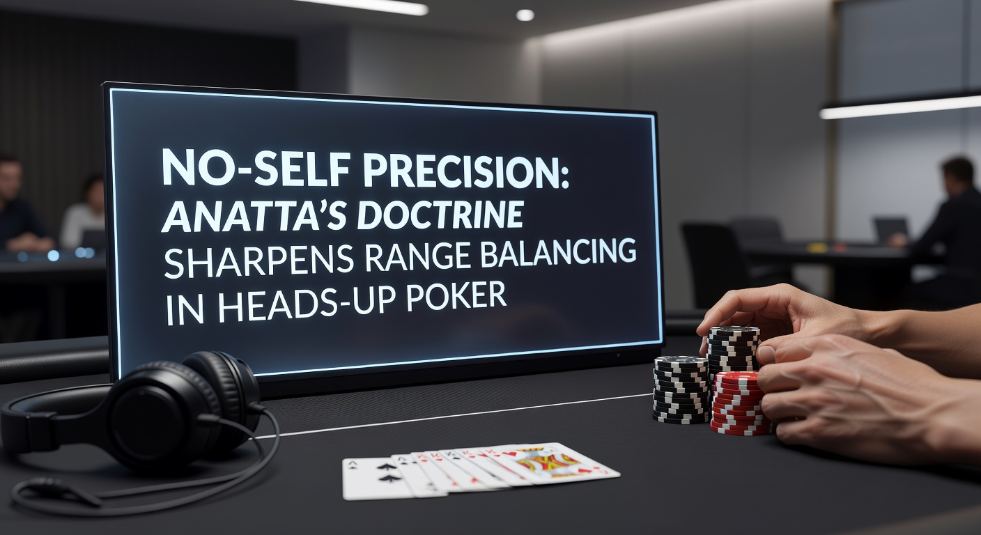 Poker player in deep focus during heads-up play, embodying no-self precision with a serene expression amid cards and chips