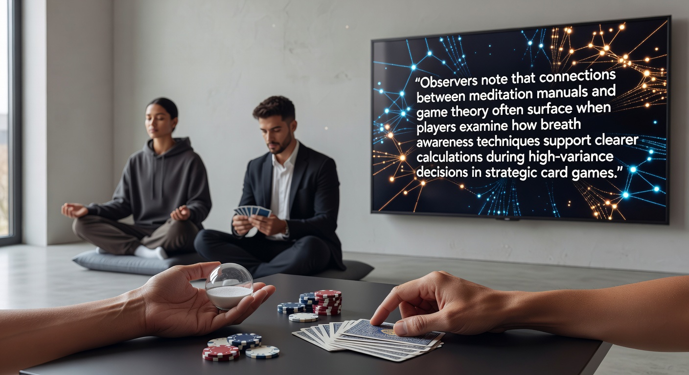 Illustration showing breath awareness techniques integrated with card game strategy and decision trees