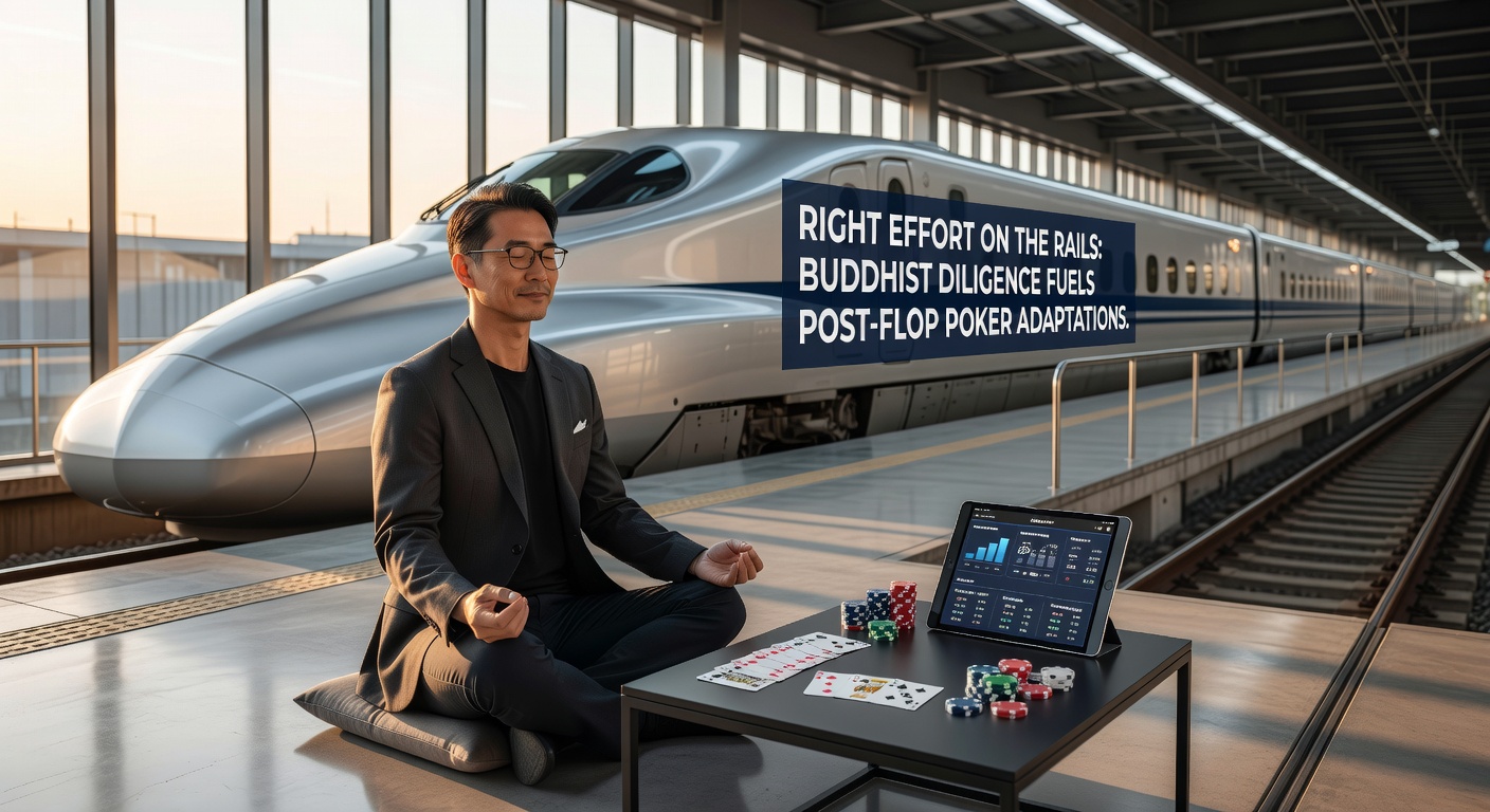 A focused poker player at the table, embodying disciplined effort amid cards and chips, with subtle Buddhist imagery in the background