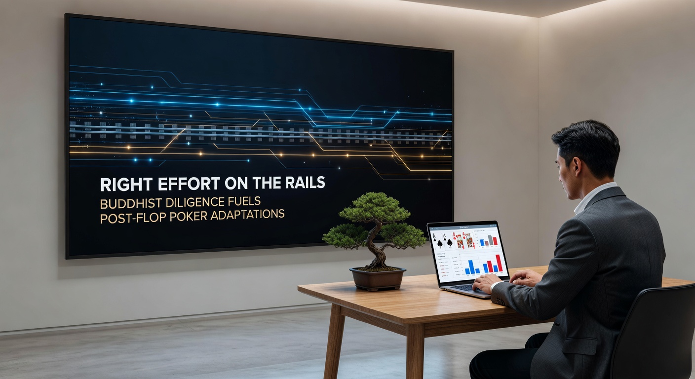 Symbolic fusion of a lotus flower blooming amid poker chips and cards, representing disciplined growth through Buddhist effort in high-pressure poker scenarios