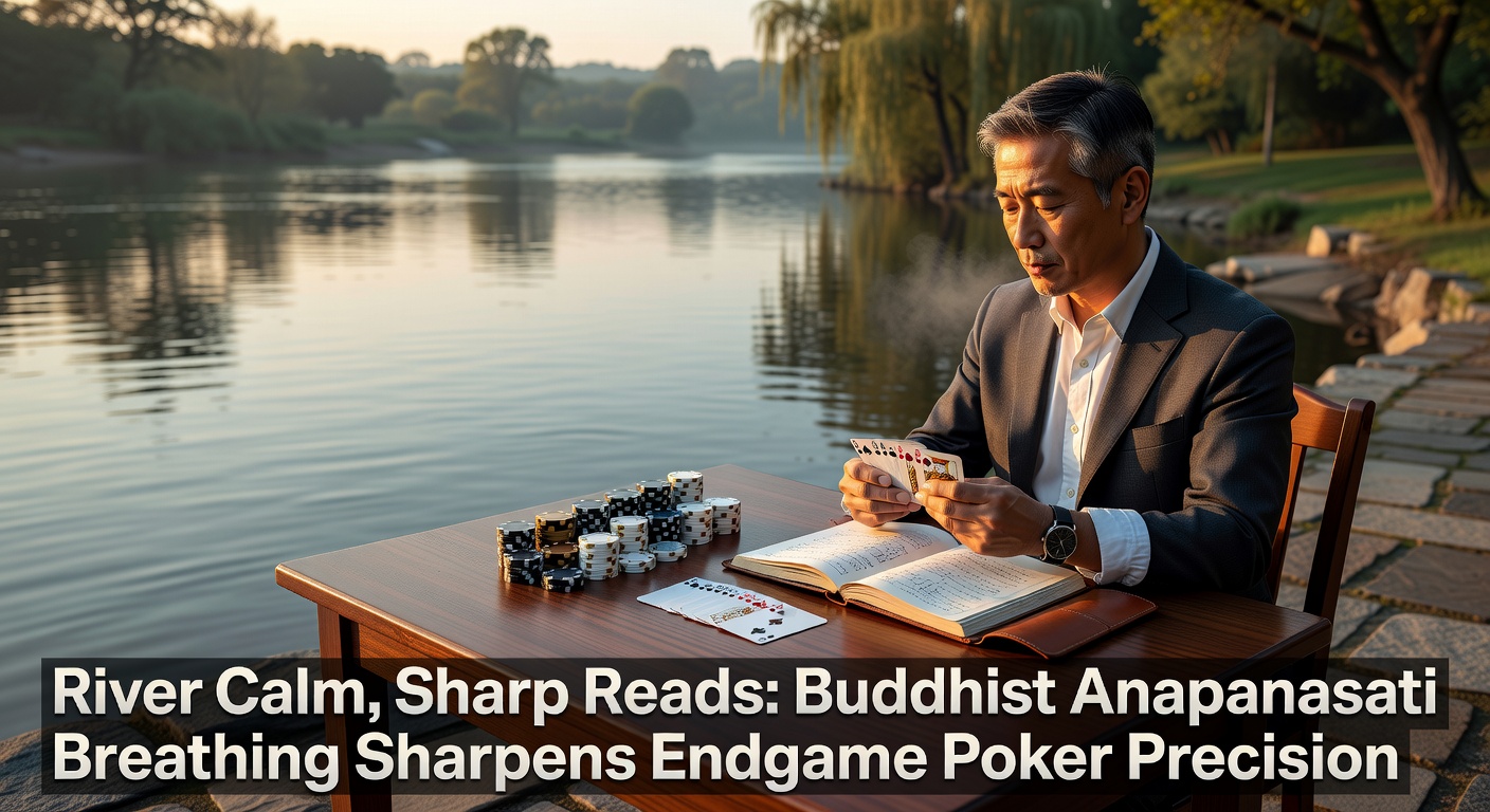 A serene poker player at the river stage, eyes focused amid floating lotus imagery symbolizing Anapanasati calm