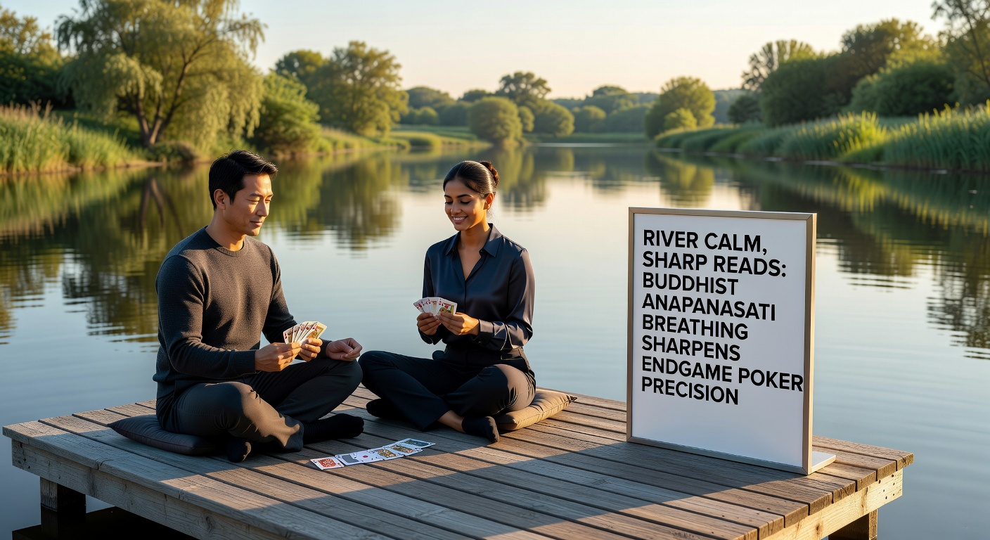 Close-up of hands in meditative pose over poker chips, breath visualized as rippling river waves
