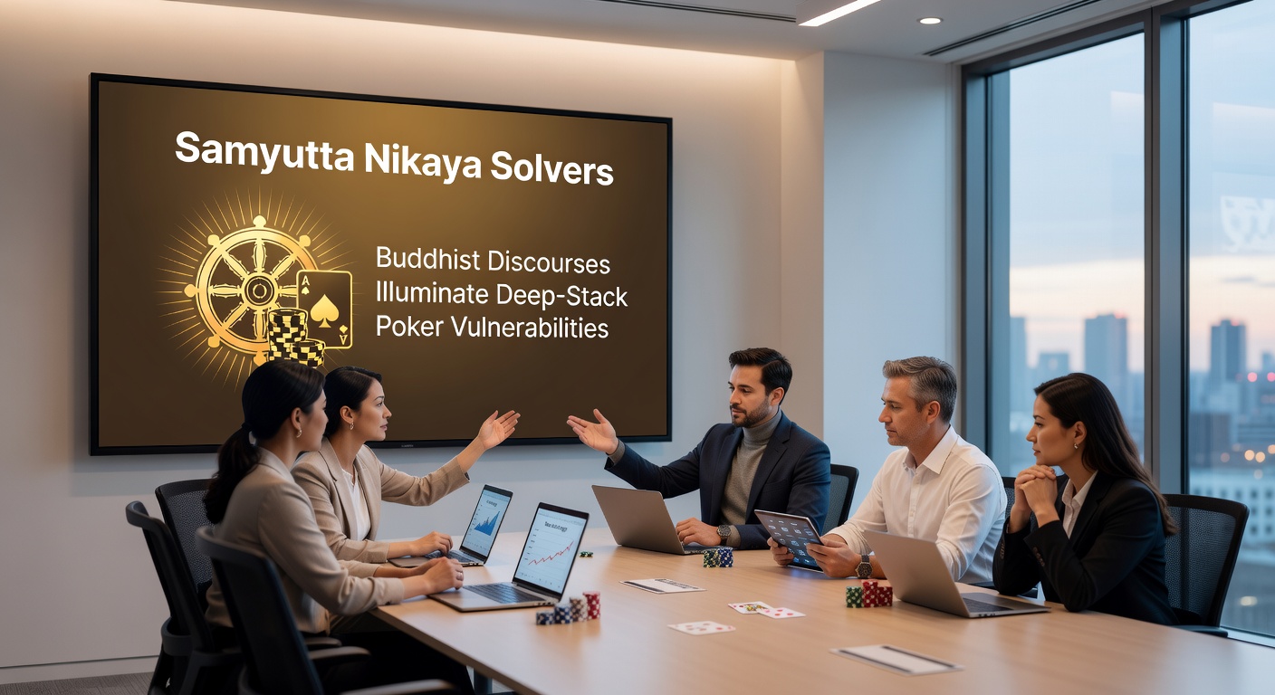 Poker player in deep focus, meditating with a Buddha statue beside a laptop running GTO solver software