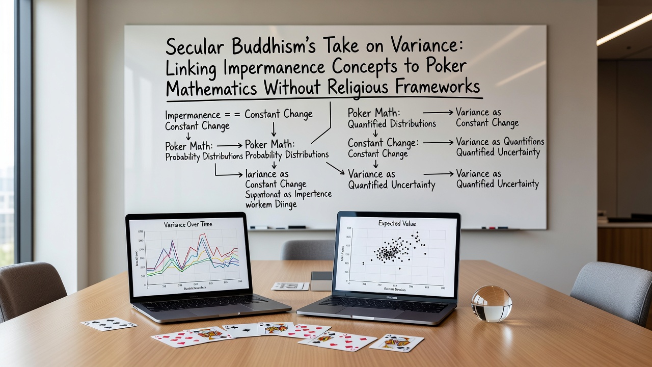 Abstract illustration showing shifting poker chips and probability graphs merging with flowing patterns of change