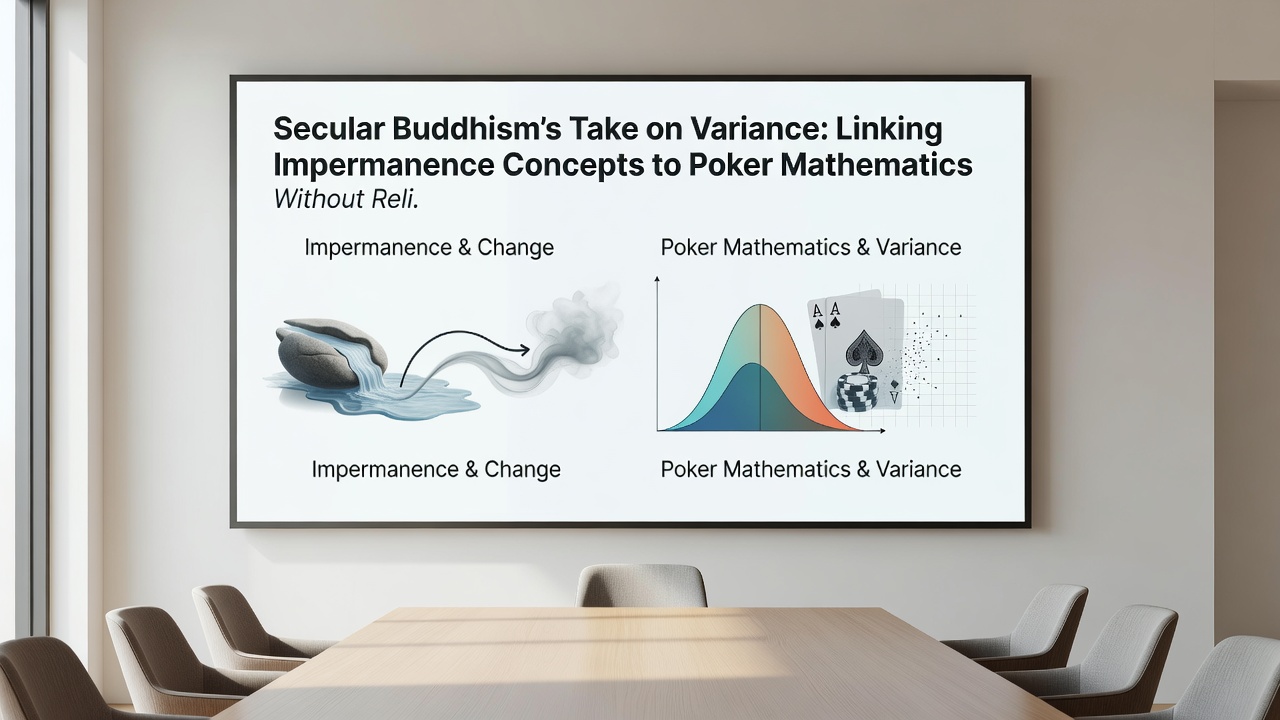 Diagram overlaying poker table layout with impermanence symbols and variance bell curves