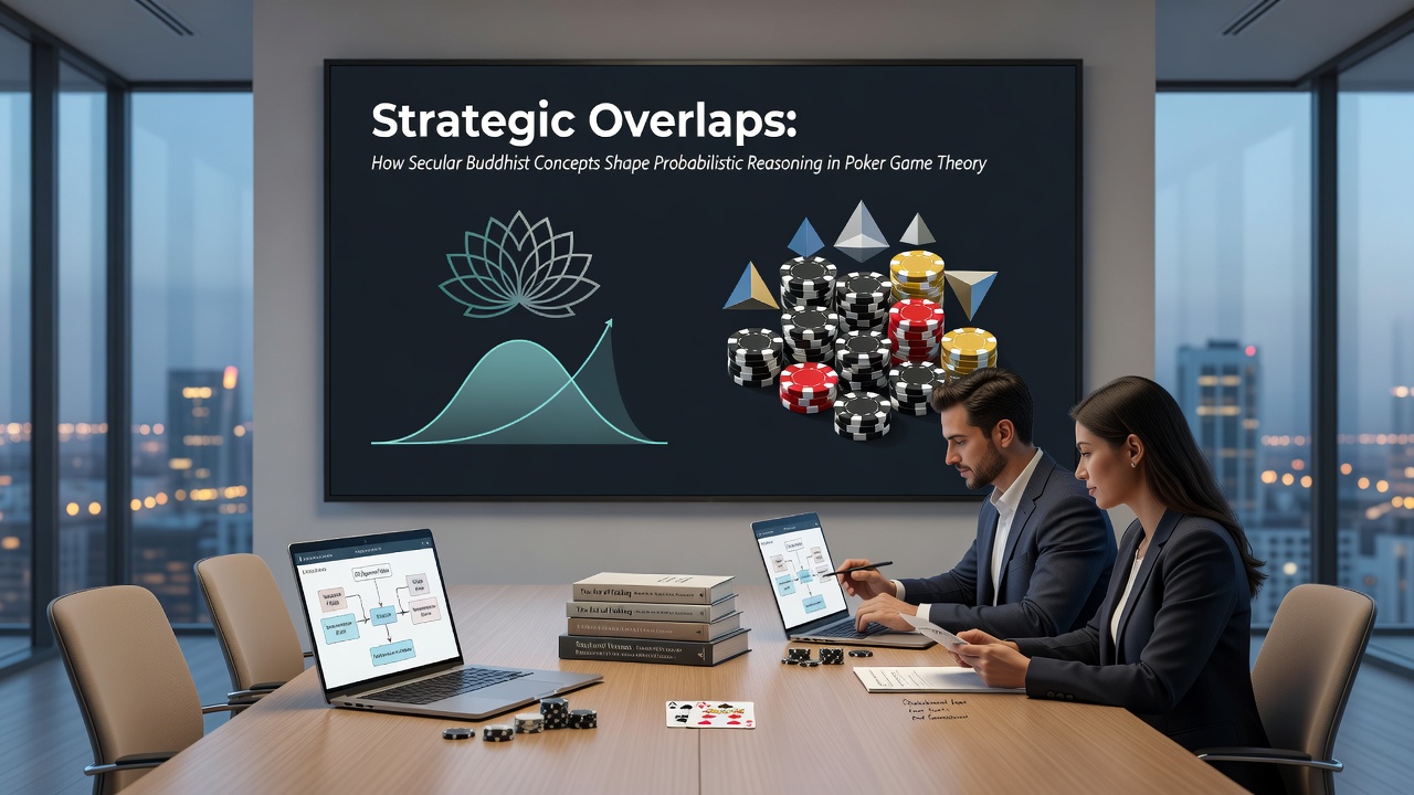 Poker table scene with overlaid probability charts and mindfulness symbols