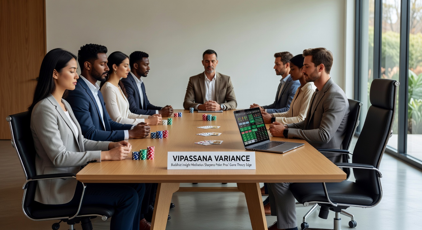 A poker pro sits in meditation pose at a tournament table, eyes closed amid chips and cards, symbolizing mental discipline in high-stakes play