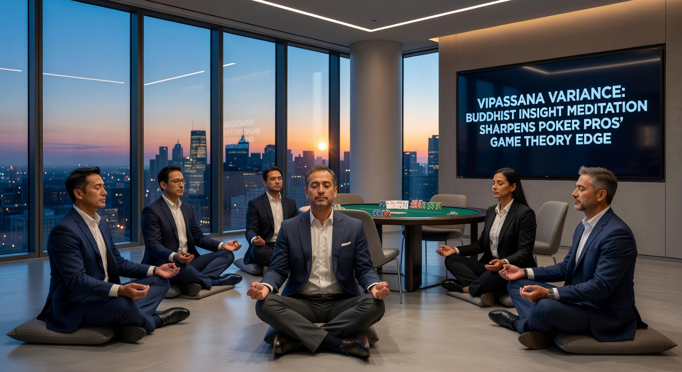 Close-up of meditation beads next to a poker chip stack and game theory solver screen, illustrating the blend of ancient practice and modern strategy